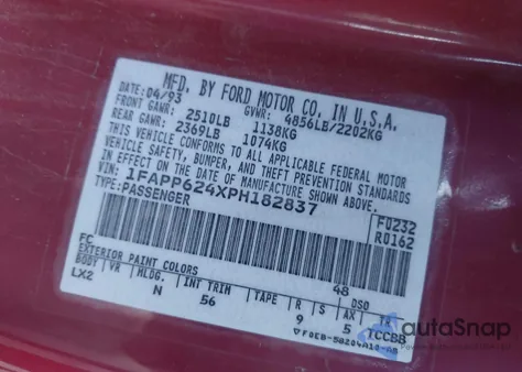 1993 Ford Thunderbird Lx from USA, damaged, VIN 1FAPP624XPH182837